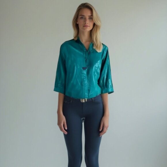 Dior Teal Satin Blouse - Picture 1 of 12